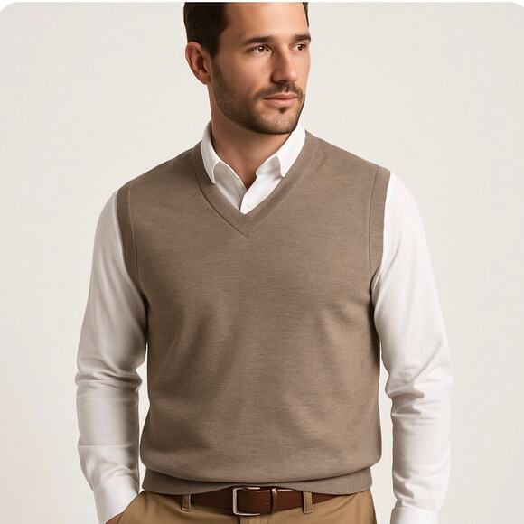 Peter Millar Sweater Vest Medium Tan 100% Merino Wool V-Neck Pullover Golf - Picture 1 of 12